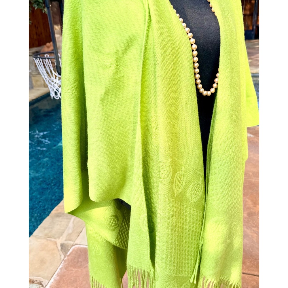 Chartreuse Lime Green Oversized Shawl Wrap Tonal Floral Pattern Fringe